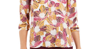 JM Collection Top feminino pequeno estampado com pregas nas costas, roxo PS