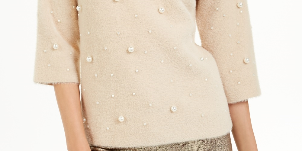 Suéter Alfani Feminino com Pérolas Sintéticas Espalhadas, Bege, Tamanho Pequeno, Extra Grande