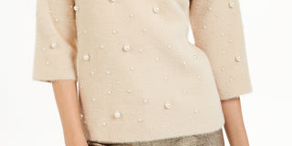 Suéter Alfani Feminino com Pérolas Sintéticas Espalhadas, Bege, Tamanho Pequeno, Extra Grande
