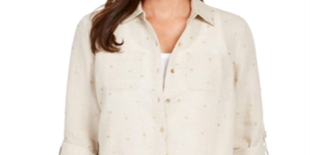 Blusa de linho feminina Charter Club com bolinhas marrom, tamanho pequeno