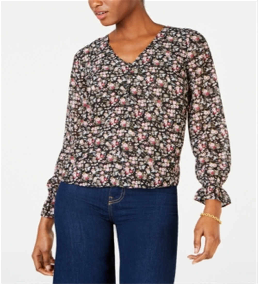 Blusa feminina estampada com decote em V Maison Jules, preta, tamanho médio