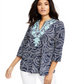Top feminino bordado com decote dividido e estampado Charter Club, azul, tamanho pequeno