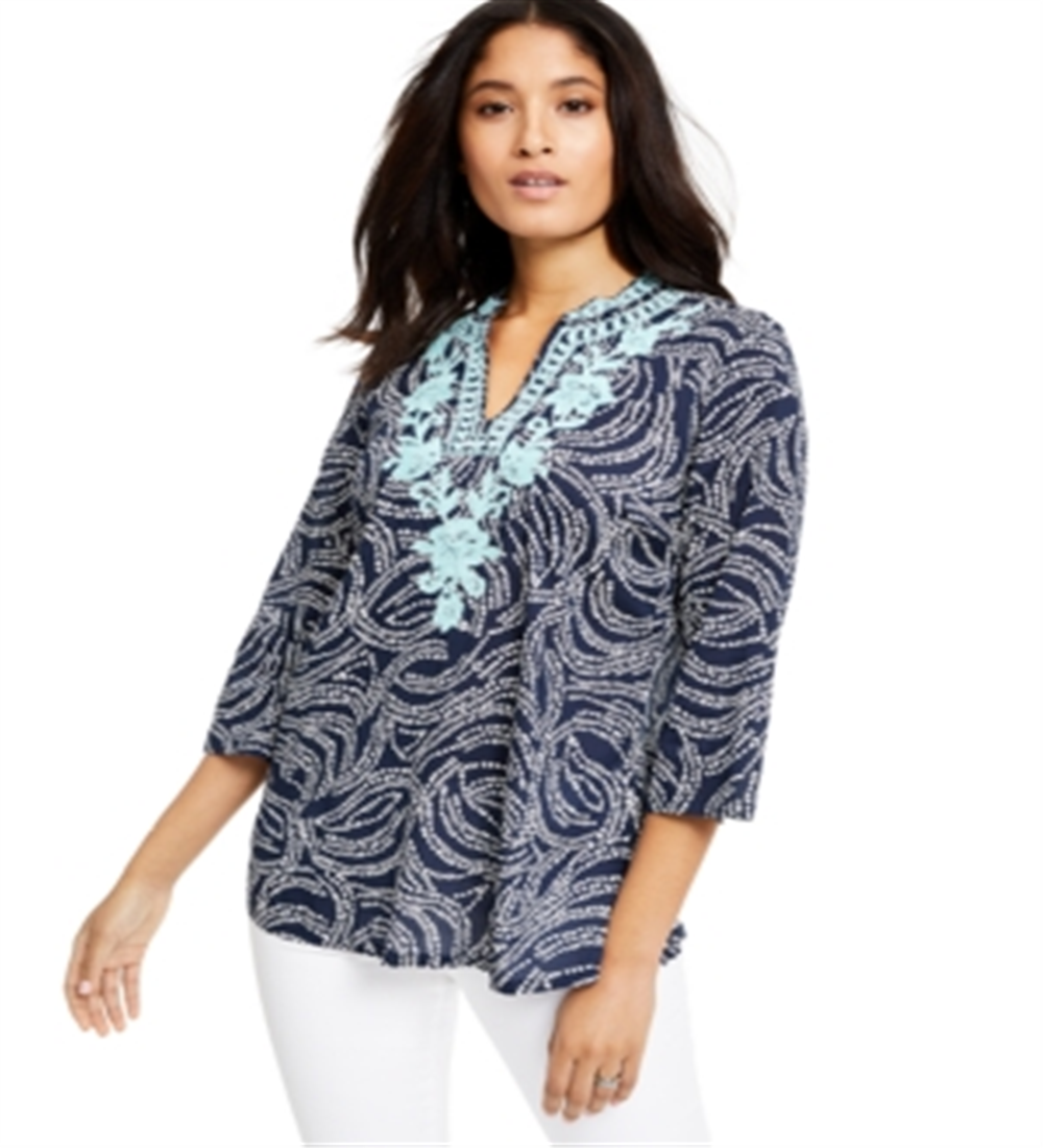 Top feminino bordado com decote dividido e estampado Charter Club, azul, tamanho pequeno