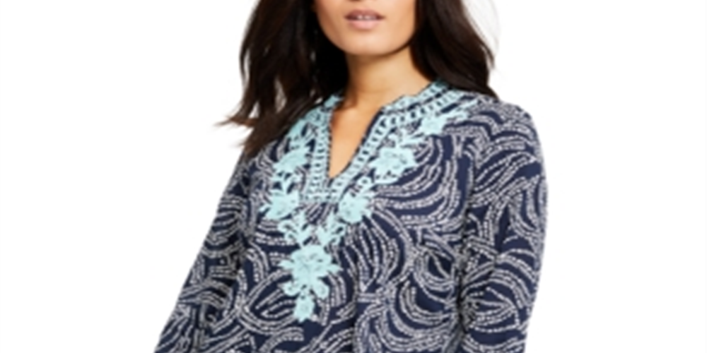 Top feminino bordado com decote dividido e estampado Charter Club, azul, tamanho pequeno