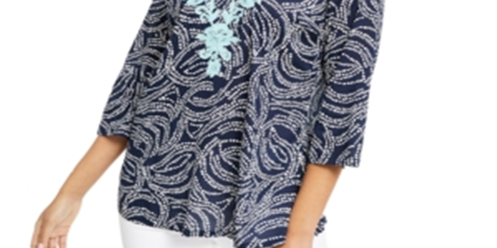 Top feminino bordado com decote dividido e estampado Charter Club, azul, tamanho pequeno