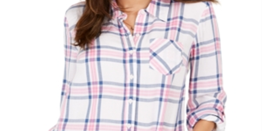Camisa xadrez feminina de algodão com mangas curtas e abas Style &amp; Co, rosa e branca, tamanho PP