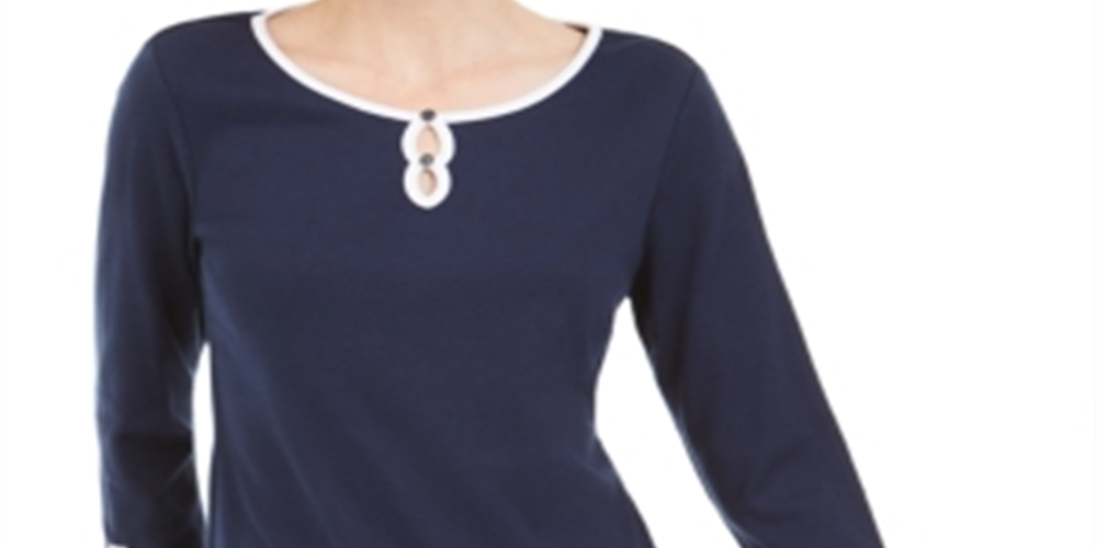 Blusa de algodão com acabamento contrastante Karen Scott feminina, azul, tamanho médio