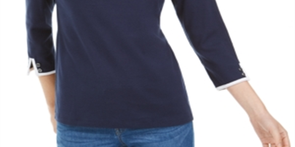 Blusa de algodão com acabamento contrastante Karen Scott feminina, azul, tamanho médio