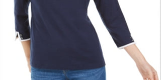 Blusa de algodão com acabamento contrastante Karen Scott feminina, azul, tamanho médio