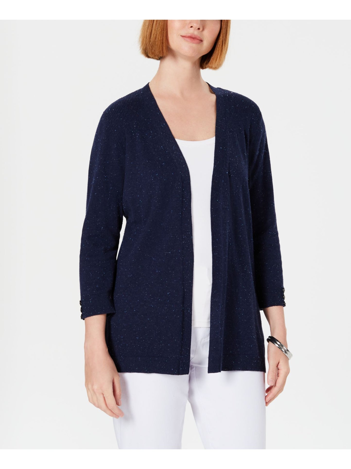 Karen Scott Cardigan Feminino Speckle Manga Longa Aberto Azul Tamanho Médio