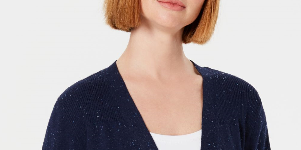 Karen Scott Cardigan Feminino Speckle Manga Longa Aberto Azul Tamanho Médio