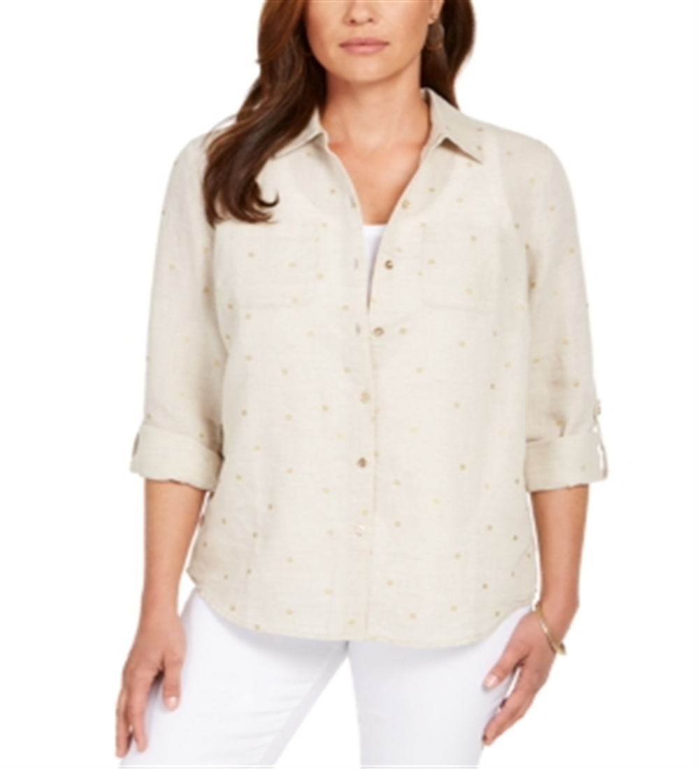 Blusa de linho feminina Charter Club com bolinhas marrom, tamanho extragrande