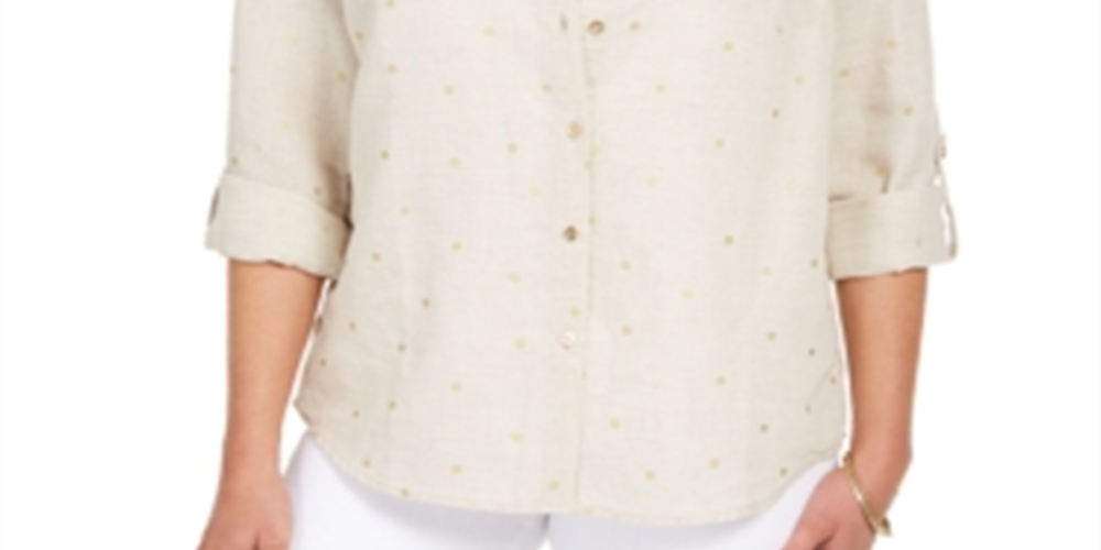 Blusa de linho feminina Charter Club com bolinhas marrom, tamanho extragrande