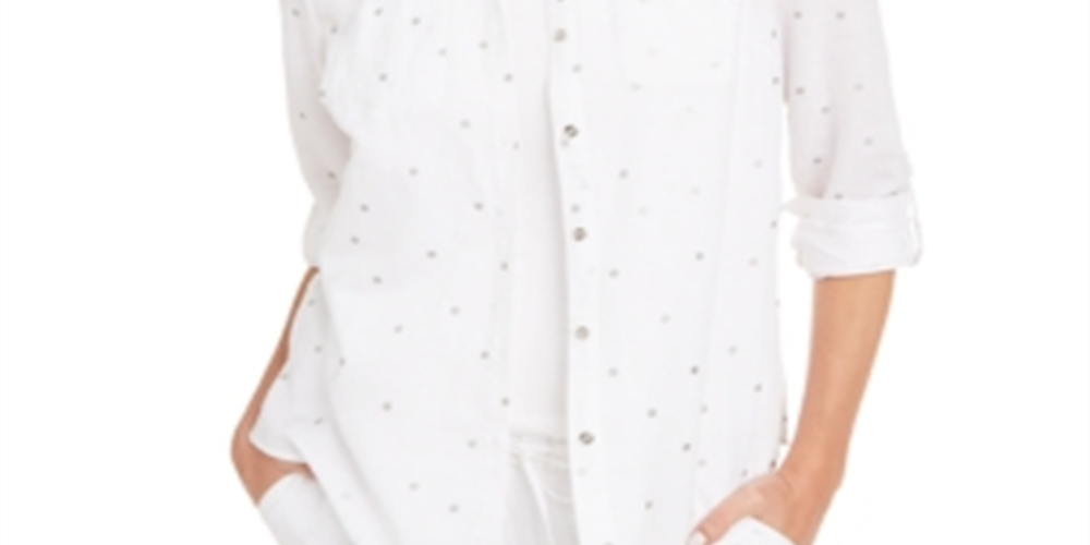 Charter Club Feminino Foil Dot Linen Top Branco Tamanho Médio