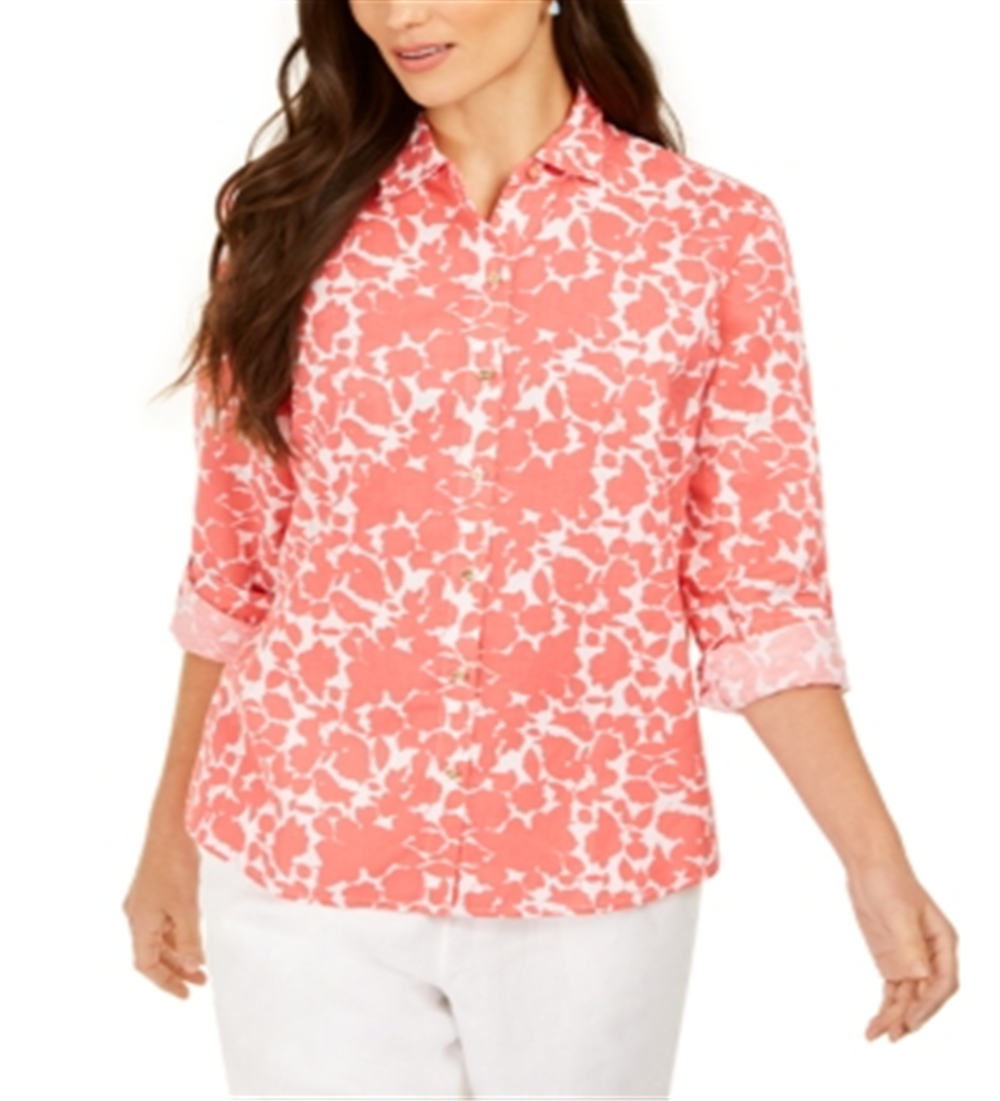 Blusa feminina estampada com mangas enroladas Charter Club, coral/branco, tamanho grande