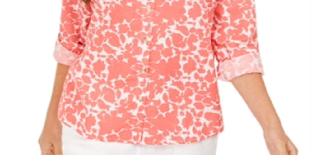 Blusa feminina estampada com mangas enroladas Charter Club, coral/branco, tamanho grande