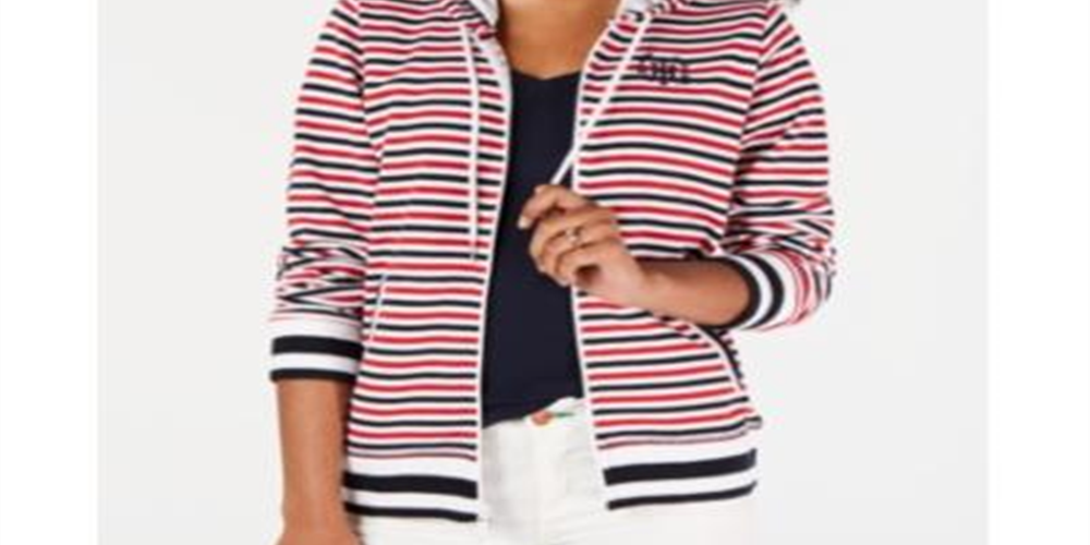 Jaqueta com capuz listrada feminina Tommy Hilfiger azul tamanho extragrande
