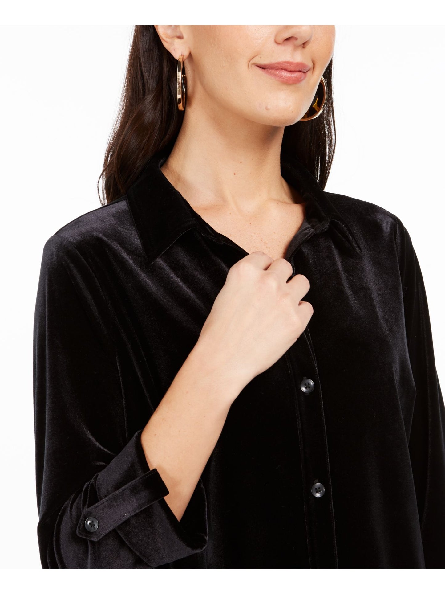 Charter Club Blusa de noite feminina de manga comprida com botões, preta, tamanho grande