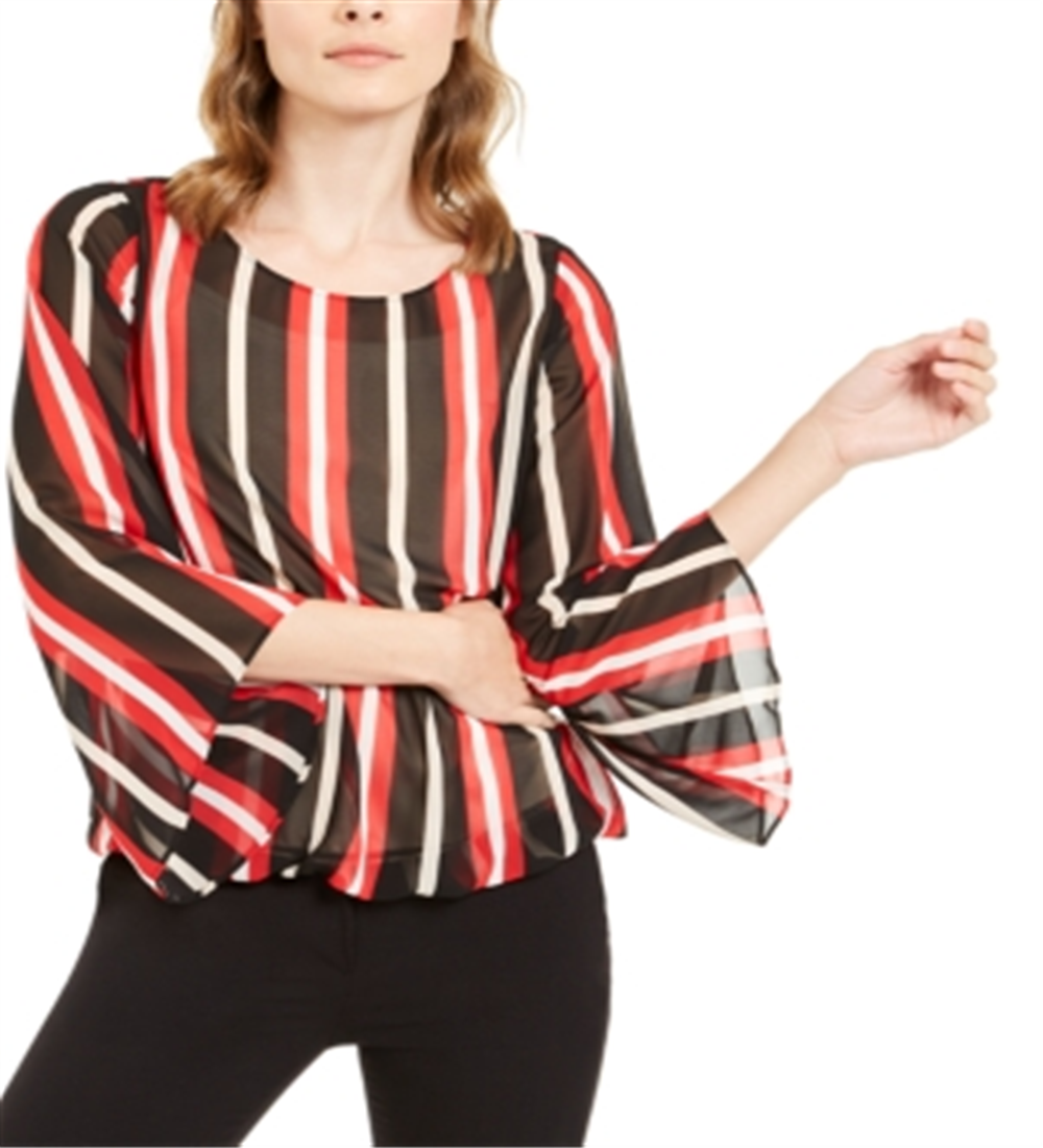 Blusa feminina Alfani listrada com manga anjo e bolhas, preta e vermelha, tamanho pequeno P/M