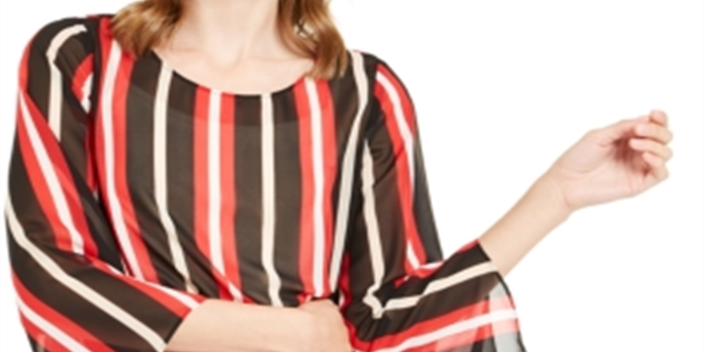 Blusa feminina Alfani listrada com manga anjo e bolhas, preta e vermelha, tamanho pequeno P/M