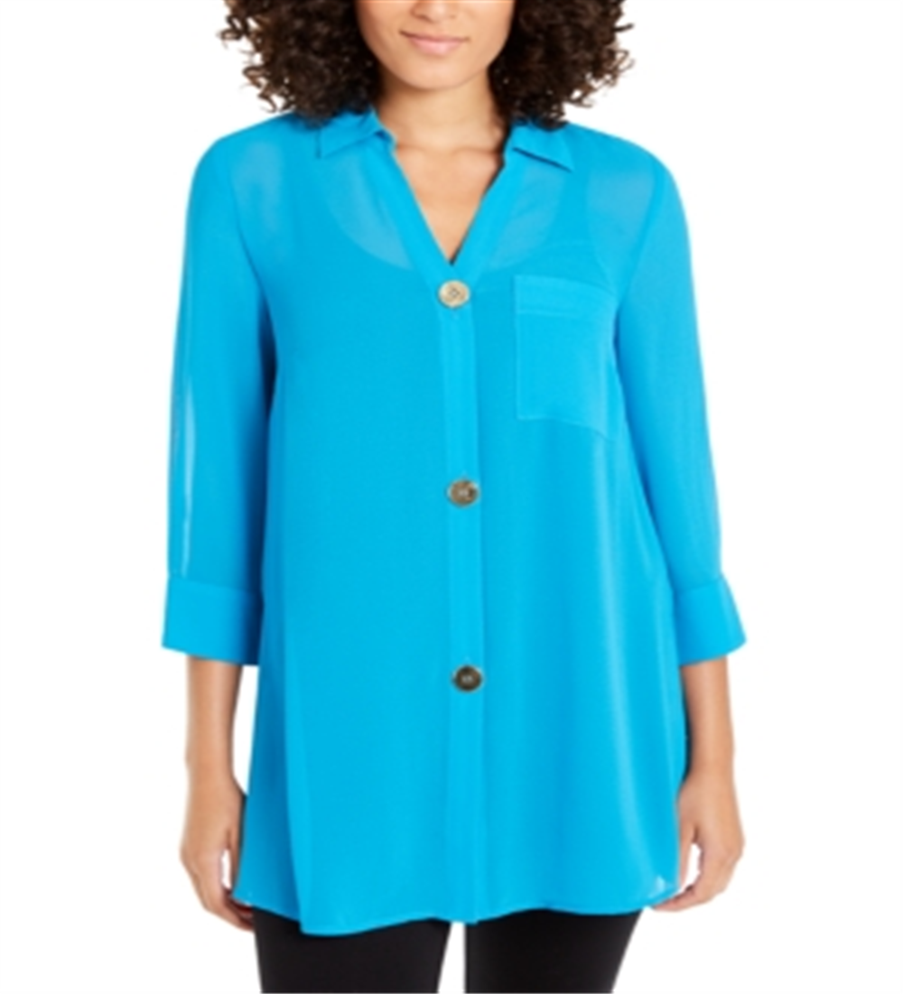 Blusa feminina Alfani semi transparente com manga 3/4 azul tamanho pequeno pequeno