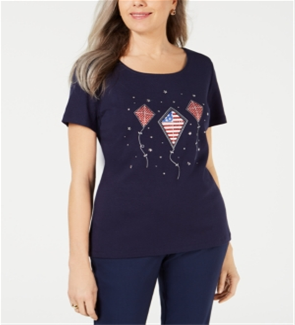 Blusa feminina Karen Scott com estampa de bandeira em algodão, azul, tamanho pequeno