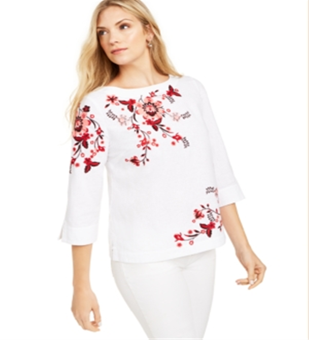 Blusa feminina Charter Club com mangas divididas e bordado, tamanho X-S