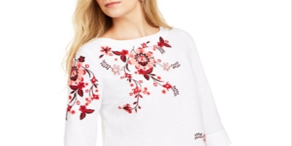 Blusa feminina Charter Club com mangas divididas e bordado, tamanho X-S