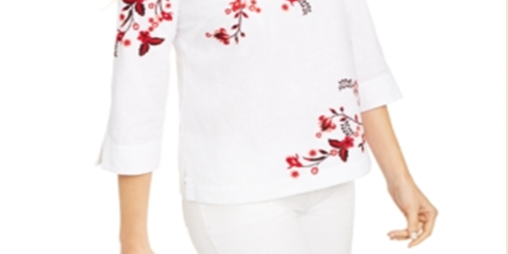 Blusa feminina Charter Club com mangas divididas e bordado, tamanho X-S