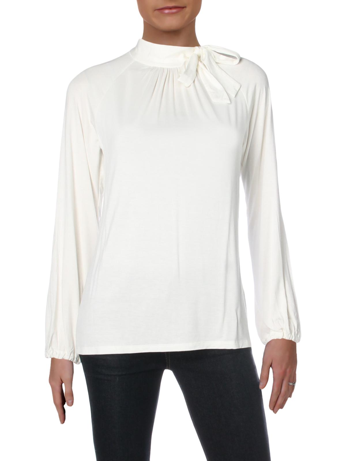 Ralph Lauren Blusa de malha com gola alta e gravata, tamanho grande, branca