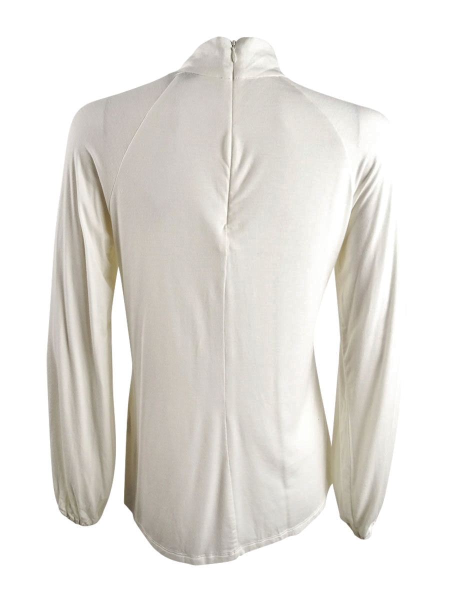 Ralph Lauren Blusa de malha com gola alta e gravata, tamanho grande, branca