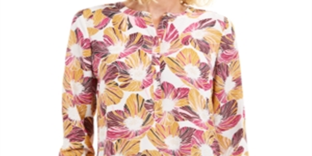 JM Collection Top feminino estampado com pregas nas costas, roxo, tamanho pequeno, médio