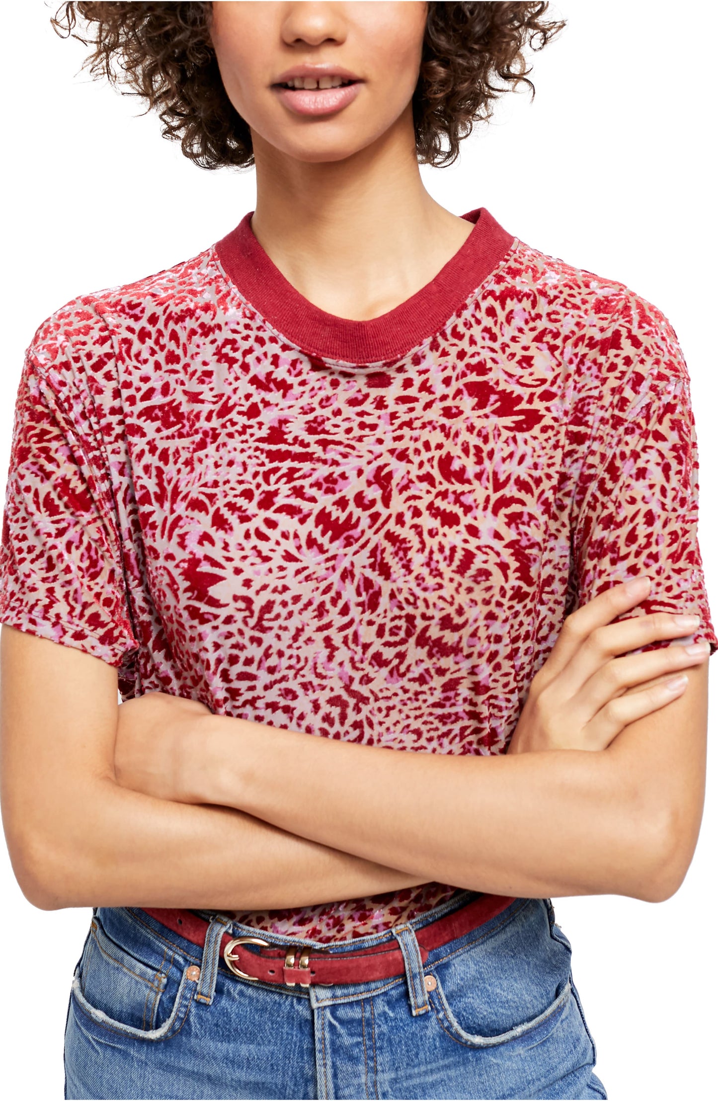Camiseta feminina estampada de manga curta e gola redonda Free People, tamanho P, vermelha