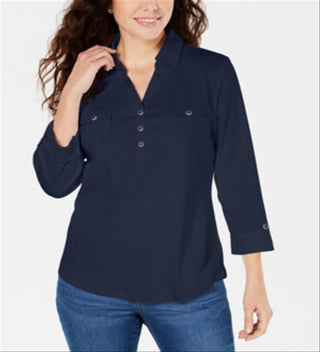 Camisa polo feminina Karen Scott manga 3-4 azul tamanho pequeno pequeno
