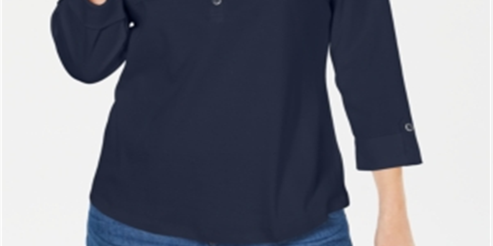 Camisa polo feminina Karen Scott manga 3-4 azul tamanho pequeno pequeno