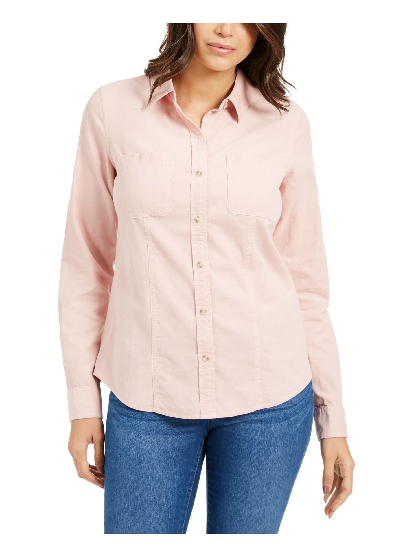 Blusa feminina de veludo cotelê com gola e manga comprida, tamanho pequeno e médio, rosa