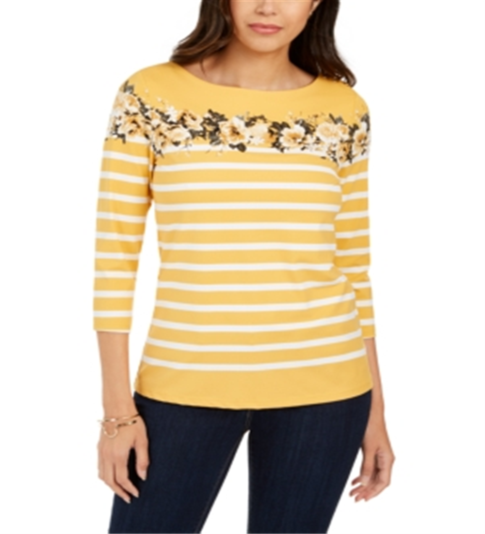 Blusa feminina listrada e com estampa floral Charter Club, amarela, tamanho X-G