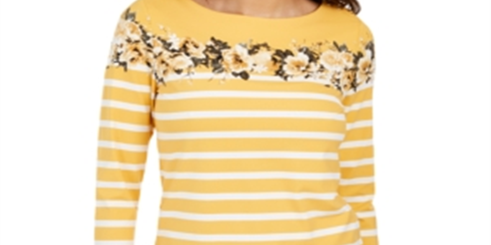 Blusa feminina listrada e com estampa floral Charter Club, amarela, tamanho X-G