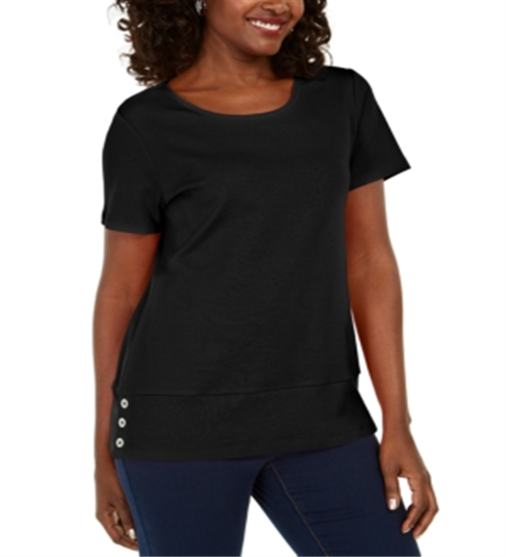 Karen Scott Blusa feminina de algodão com decote redondo e bainha com botões, preta, tamanho pequeno