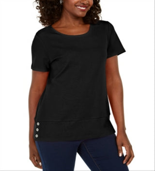 Karen Scott Blusa feminina de algodão com decote redondo e bainha com botões, preta, tamanho pequeno