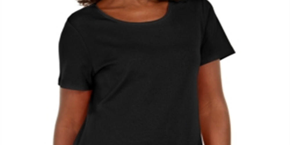 Karen Scott Blusa feminina de algodão com decote redondo e bainha com botões, preta, tamanho pequeno