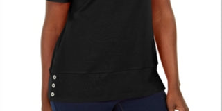 Karen Scott Blusa feminina de algodão com decote redondo e bainha com botões, preta, tamanho pequeno