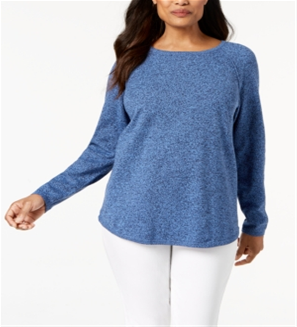 Blusa feminina Karen Scott de algodão mesclado com bainha curva, azul, tamanho 2-G