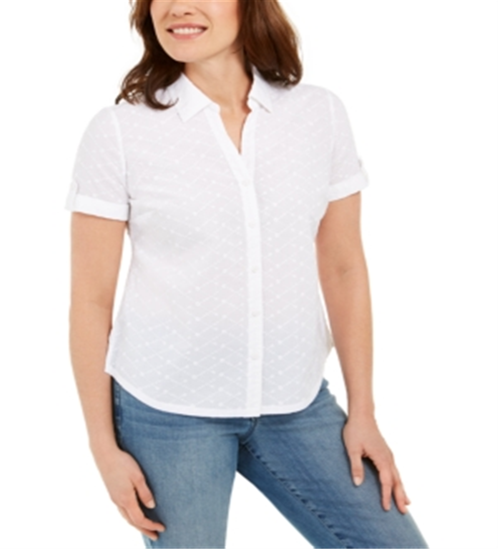 Camisa feminina Karen Scott de algodão bordada, branca, tamanho grande
