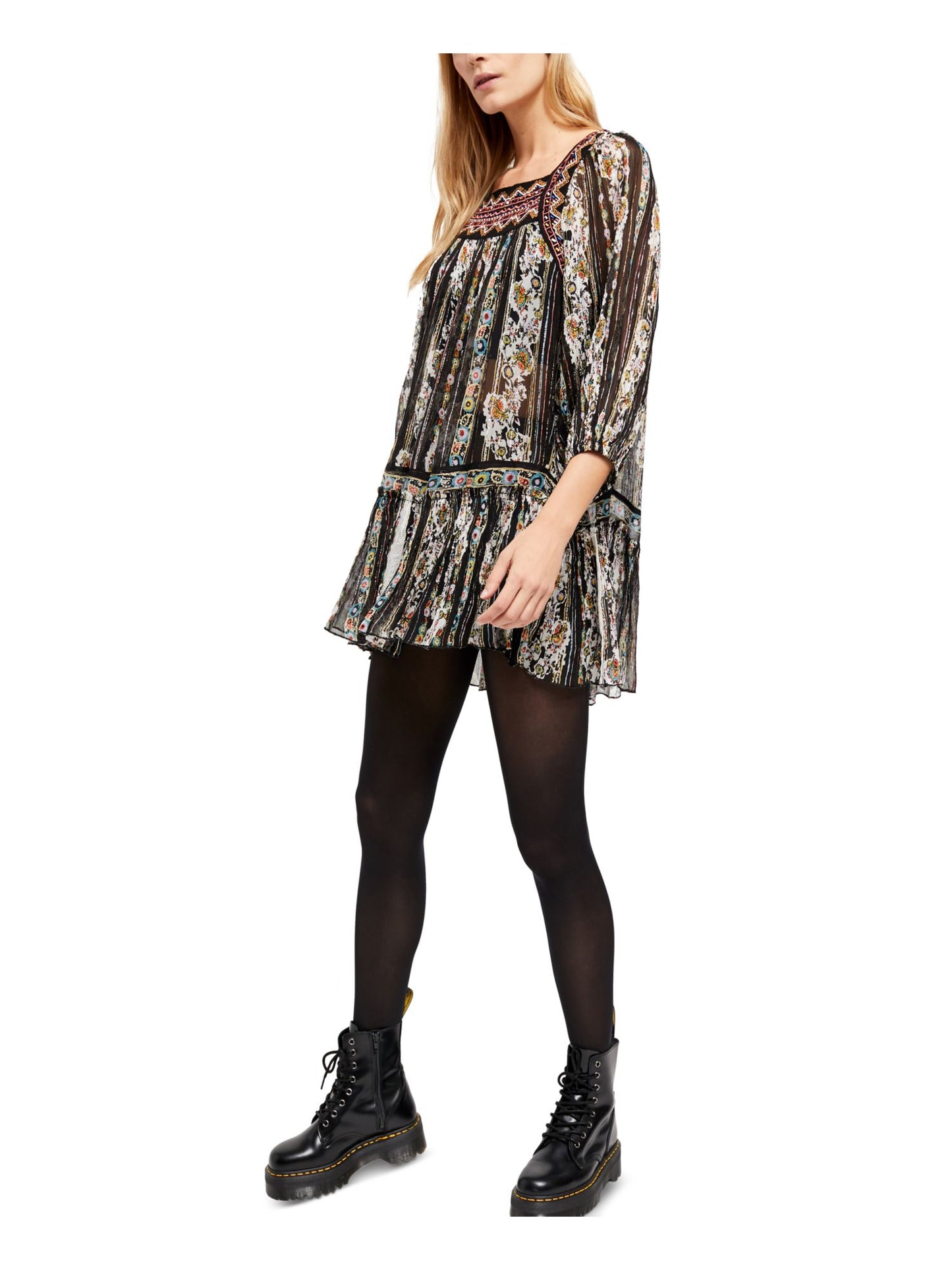 Túnica feminina estampada com manga 3/4 da Free People, preta, tamanho médio