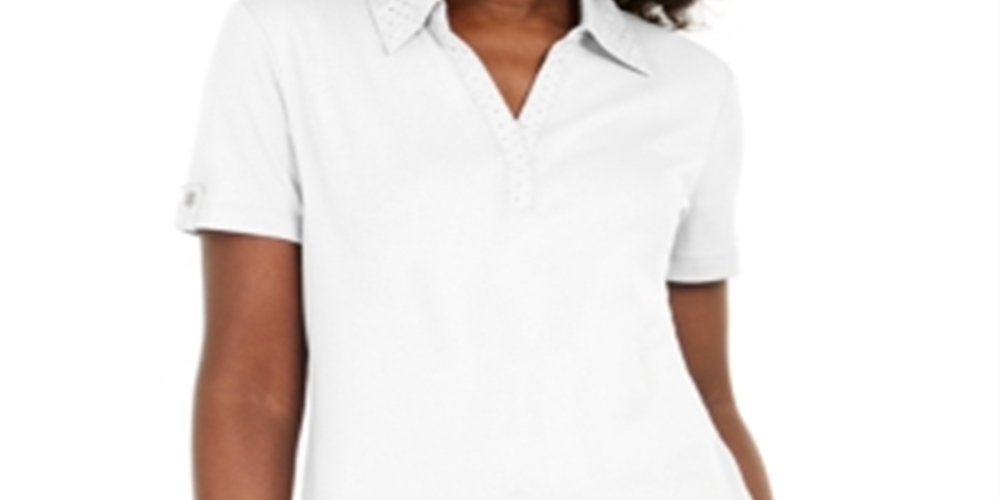 Blusa feminina Karen Scott de algodão com gola ilhós, branca, tamanho X-S