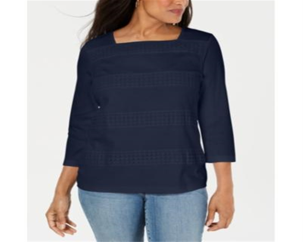 Karen Scott Blusa Feminina Listrada com Decote Quadrado e Renda Azul Tamanho Médio