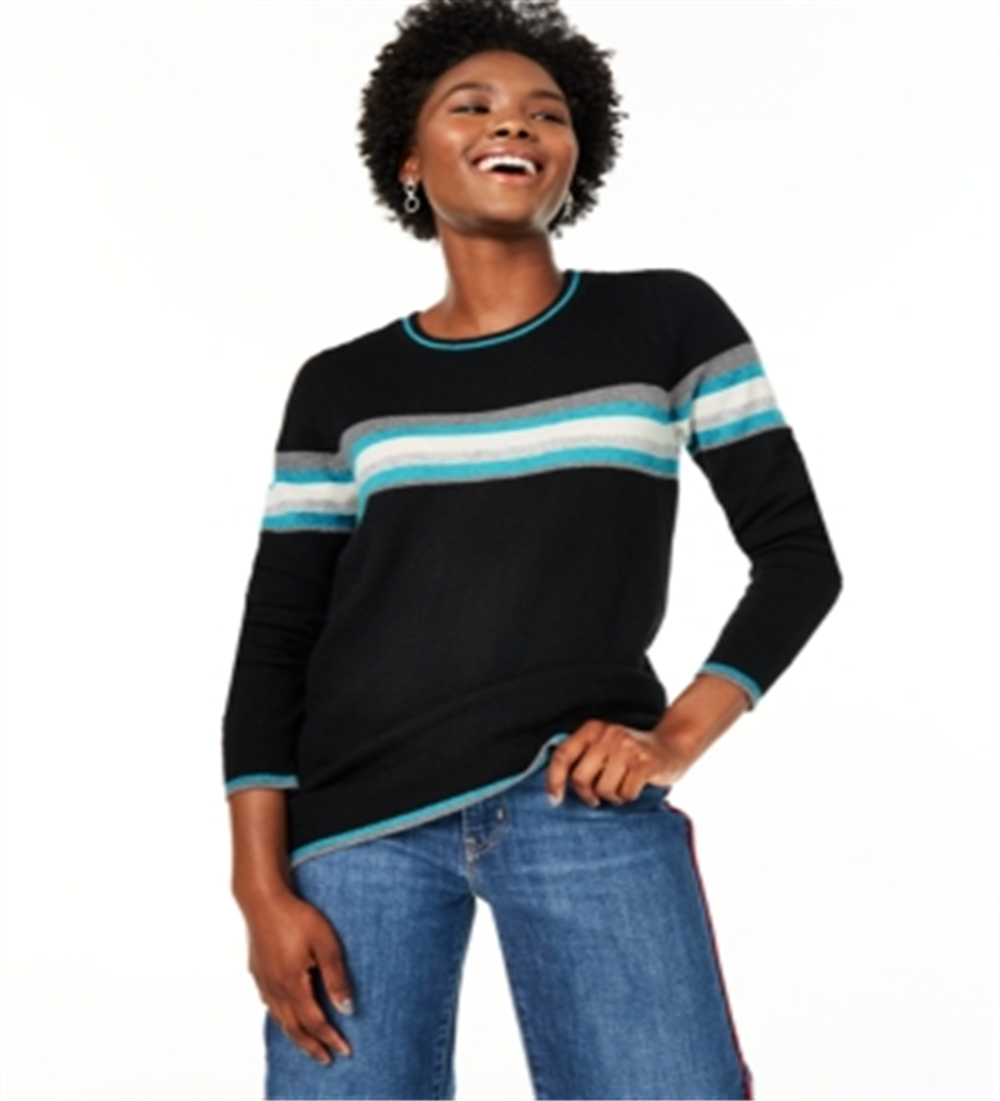 Suéter de cashmere listrado feminino Charter Club, preto, tamanho extragrande