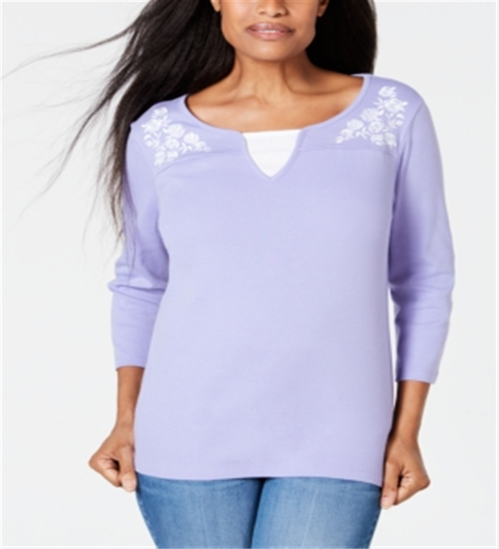 Blusa feminina Karen Scott de algodão bordado com camadas, roxa, tamanho X-G