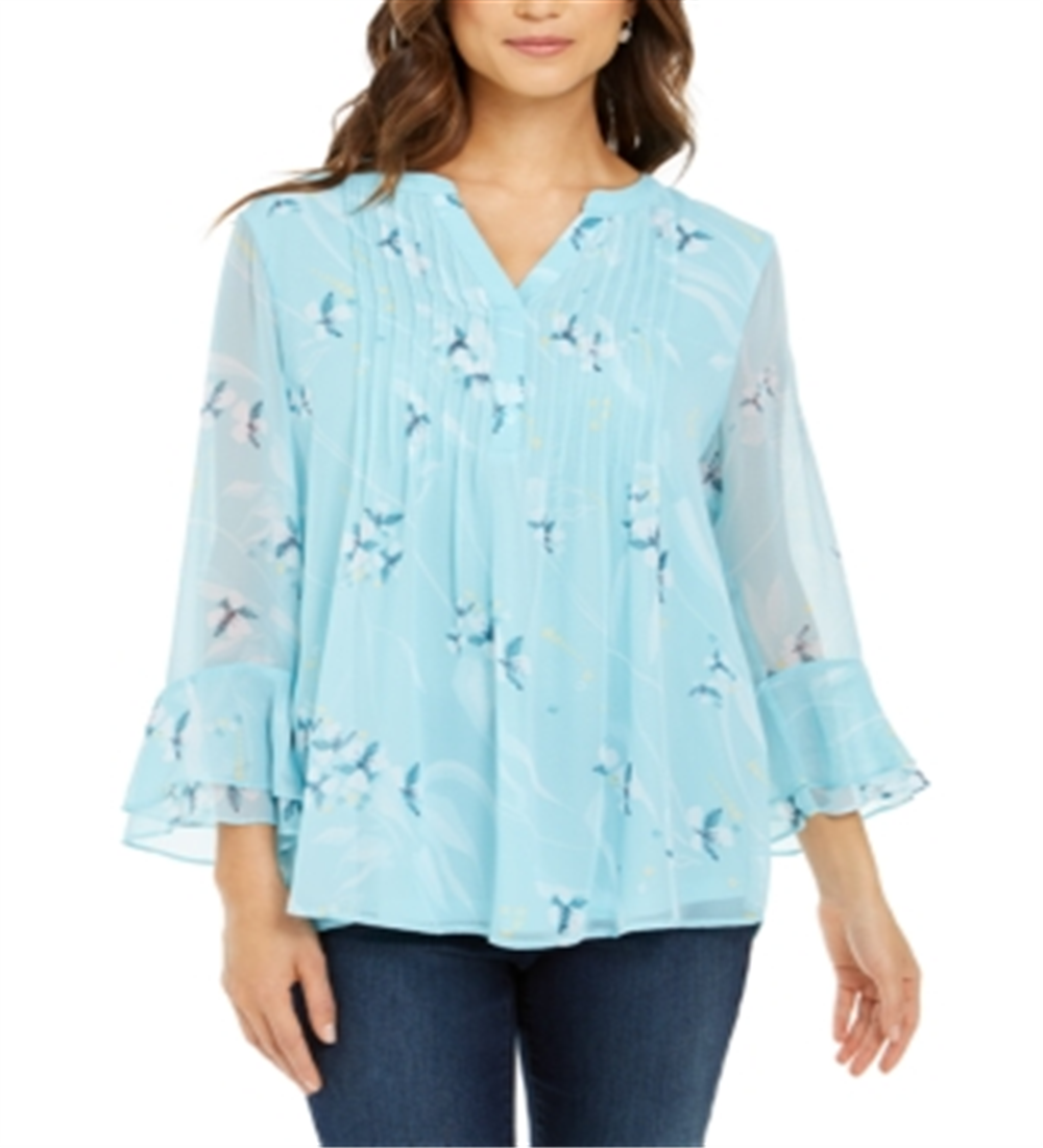 Charter Club Blusa Feminina Estampada com Babados Duplos Azul Tamanho X-S